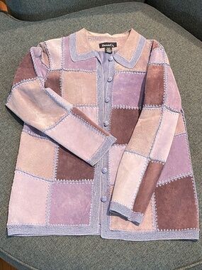 💜 Vintage Denim & Co. Medium 💜 Suede Leather Patchwork Jacket, Crochet Detail